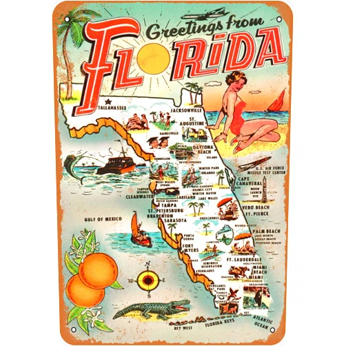 AMELIA SHARPE Vintage Retro Collectible tin Sign - 1954 Greetings from Florida -Wall Decoration 12x8 inch Poster Home bar Restaurant Garage Cafe Art Metal Sign Gift