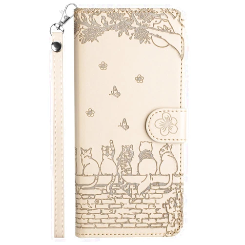 XYX Wallet Case for Samsung S24, PU Leather Flip Protective Phone Case Card Slots Emboss Cat Flower Case with Wrist Strap for Galaxy S24 5G, Beige