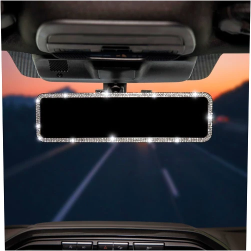 JOYTUTUS Bling Car Rear View Mirror, Universal 11.81 Inch Panoramic Rearview Mirror Accessories with Bling Rhinestones Crystal Diamonds Edge, Interior Clip-on Wide Angle Rear View Mirror -White