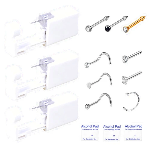 HYJLPAF Nose Piercing Kit - 3 Pack Self Piercing Gun, Disposable Safety Kit with Nose Rings and Studs