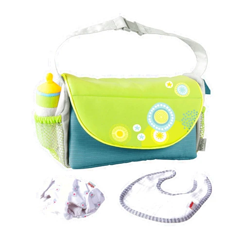 HABA Diaper Bag Summer Meadow - Doll Sized Pretend Playset Role Play Toy Folds into Changing Pad with Soft Baby Bottle, Bib and Cloth Diaper