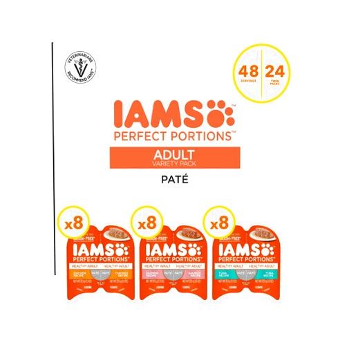 IAMS Perfect Portions Adult Wet Cat Food Paté Variety Pack, Chicken, Salmon, and Tuna Recipes, 2.6 oz. Easy Peel Twin-Pack Trays (24 Count, 48 Servings)