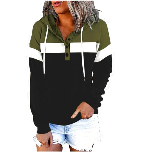 SMIDOW Women Fall Fashion 2023 Color Block Fleece Sweatshirt With Front Pocket Snap Up Buttons Drawstring Y2K Hoodies Pullover