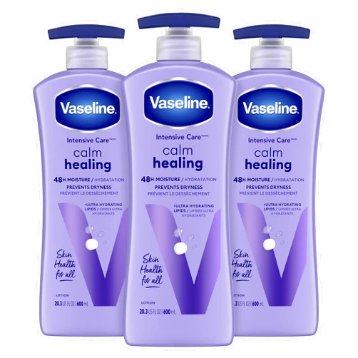 Vaseline Intensive Care Calm Healing Body Lotion 3 count for Dry Skin Made with Ultra-Hydrating Lipids and Lavender Extract to Heal and Restore Dry Skin 20.3 oz