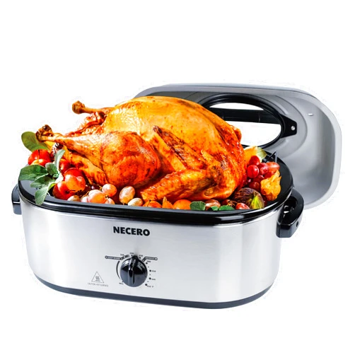 NECERO Roaster Oven 26 Quart Electric, Electric Roaster Pan with Visible & Self-Basting Lid, Large Stainless Steel Electric Turkey Roaster Oven Defrost Warm Function, Removable Pan Rack, Silver