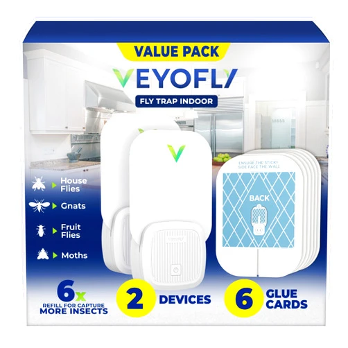 VEYOFLY Fly Trap Indoor, Fruit Fly Traps for Indoors Flying Insect (2 Device + 6 Refills) Gnat Traps for House Indoor, Bug Zapper Indoor, Gnat Killer Catcher & Fruit Fly Killer Light Plug in