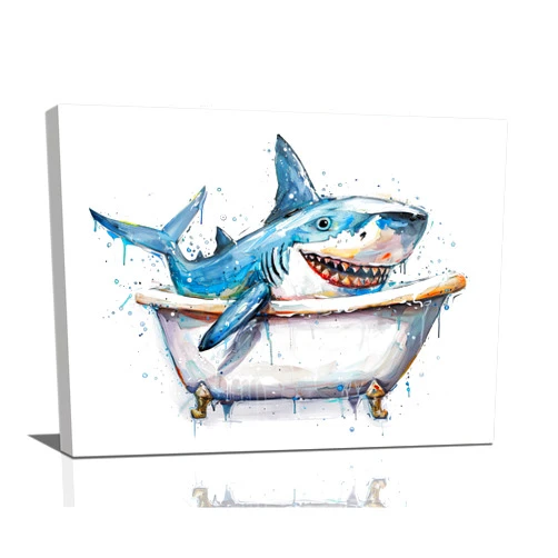 Mecowcm Funny Shark Bathroom Decor Wall Art Shark Room Pictures Canvas Wall Decor Abstract Print Painting Artwork Home Decorations for Bathroom Bedroom Living Room Office Framed 12x16 inch