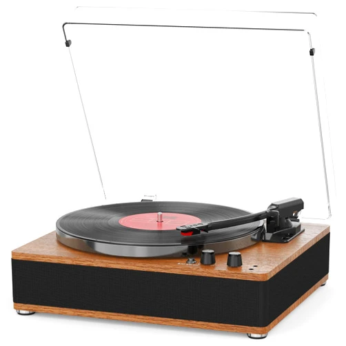 VINYLS LINK Vintage Record Player with Built-in Stereo Speakers Wireless Bluetooth Input/Output Turntable 3 Speed Retro Vinyl LP Player with Full-Size Platter, Auto-Off, RCA/AUX/Headphone Out, Walnut Wood