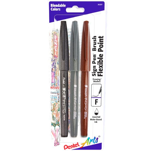 Pentel Arts Sign Pen Touch, Fude Brush Tip, Black/Grey/Sepia Pack of 3 (SES15PABP3M)