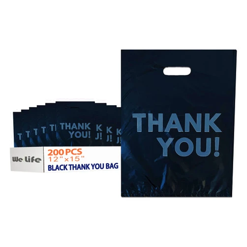 WeiLife. 200PCS Thank You Shopping Bags, 12x15 Plastic Bulk Merchandise Bags, Retail bags, Gift Bags, Plastic Boutique Bags for Small Business (12x15(Medium), Black 200PCS)