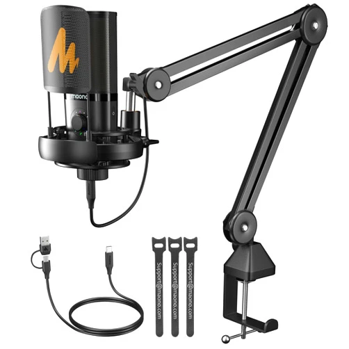 MAONO USB Condenser Microphone-Studio Mic with Shock Mount, Boom Arm, Software, Mute, Gain Knob, Volume Control for Streaming, Recording, Singing, Podcasting, Content Creation, Audiobooks-PM450S