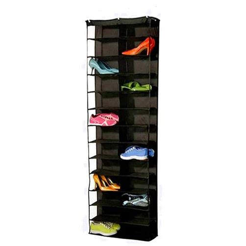 AEVXKHI Over the Door Shoe Shelves 26 Section Space Saving Hanging Shoe Organizer with Hooks Clear Window Foldable Shoe Display Shelves Stand for Shoes Hat Toys Home (Black)