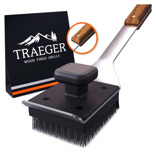 Traeger Grills BAC537 BBQ Cleaning Brush for Outdoor Grill – Stainless Steel Grill Scraper with Nylon Bristles, Teak Wood Handle, Dual Grip Design, and Hanging Loop