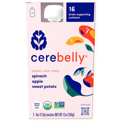 Cerebelly Baby Food Pouches – Organic Spinach Apple Sweet Potato (4 oz, Pack of 3) - Toddler Snacks - 16 Brain-Supporting Nutrients - Healthy Snacks, Made with Gluten-Free Ingredients, No Added Sugar