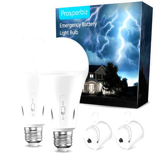 Prosperbiz Emergency Power Outages Battery Backup Light Bulbs, Rechargeable Battery Operated Light Bulb with Flashlight, A21 E26 LED Bulbs 5000K Daylight White, 2 Pack