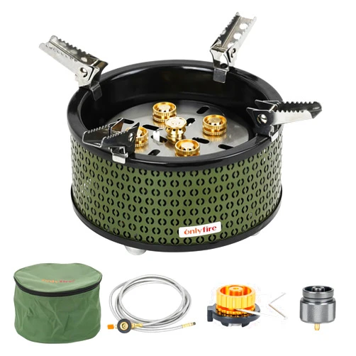 ONLYFIRE OUTDOOR LIVING ONLYFIRE Portable Camping Gas Stove with Storage Bag & Foldable Brackets, 5 Burners Camp Stove 3 Fuels Adapters for Isobutane and Propane, For Outdoor Cooking Picnic Camping Backpacking Hiking, Green