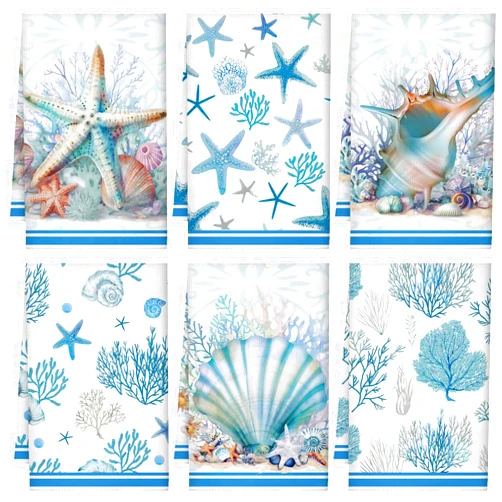 Boyiee Set of 6 Beach Kitchen Towels Coastal Ocean Dish Towels Sea Nautical Tea Towels Absorbent 24 x 16 Inches Shell Coral Starfish Hand Towels Summer Gifts for Farmhouse Kitchen Bathroom Decorations