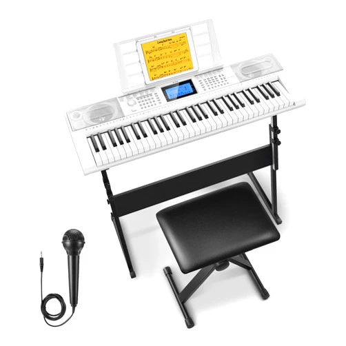 Donner Keyboard Piano 61 Key, Electric Keyboard Kit with 249 Voices, 249 Rhythms - Includes Piano Stand, Stool, Microphone, Gift for Beginners, White(DEK-610S)