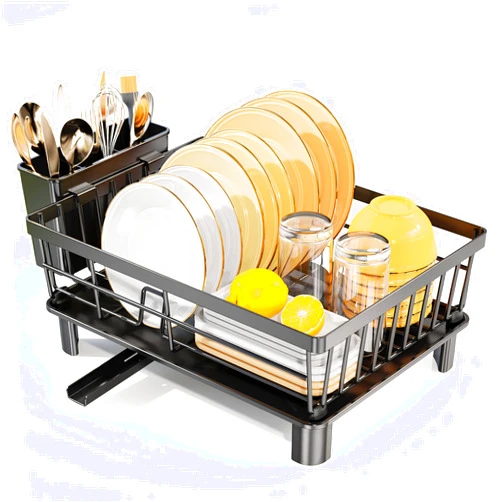 LIONONLY Dish Drying Rack with Drainboard, Stainless Steel Dish Rack for Kitchen Counter,Detachable Dish Drainer Organizer Shelf with Utensil Holder Set (Black)