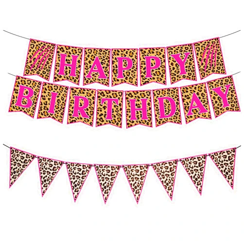 DACSTLWKJ Cheetah Print Pennant Banner, Leopard Print Happy Birthday Banner, Leopard Wild Birthday Party Decoration Jungle Safari Animal Party Supplies
