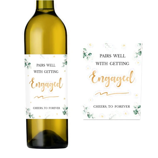 WOWOPA 6 Pcs Engagement Wine Labels, Pairs Well With Getting Engaged Neutral Leaf Pattern Wine Bottle Stickers Party Decorations