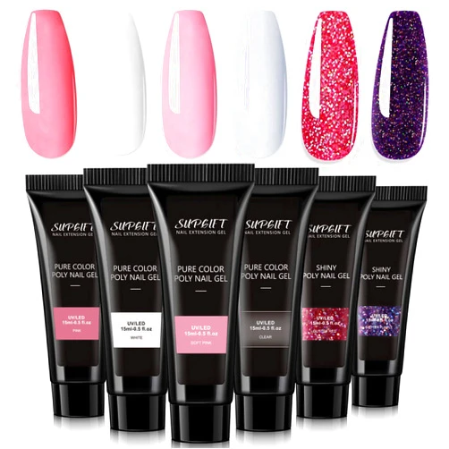 SUPGIFT Poly Nail Gel Kit SUPGIFT 6 Colors Jelly Gel Clear White Pink Glitter Extension Builder Gel Nail Enhancement Thickening Solution for Beginner Starter Specialist Art Manicure DIY Design Salon