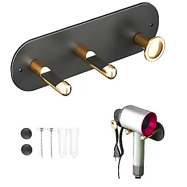 LAKNUY Hair Dryer Holder Wall Mounted, Space Aluminum Blow Dryer Holder Rack, Bathroom Hair Dryer Holder Compatible with Dyson Supersonic Hair Dryer and Most Hair Dryers (Black Gold)