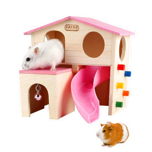 kathson Pet Small Animal Hideout Hamster House with Funny Climbing Ladder Slide Wooden Hut Play Toys Chews for Small Animals Like Dwarf Hamster and Mouse(Pink)