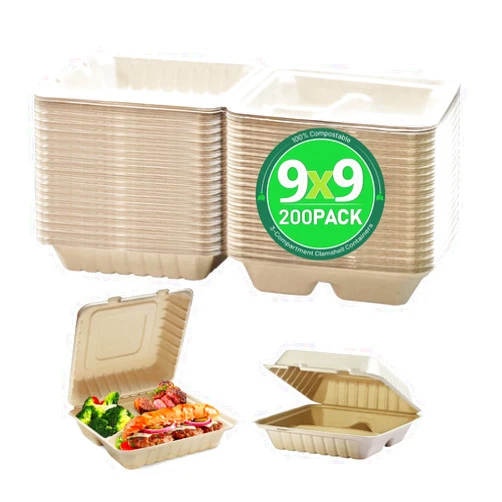 yoyomax [9x9-200Pack 100% Compostable To Go Food Containers with Lids, 3-Compartment Take Out Clamshell Container, Bio Disposable | Eco Friendly | Heavy-Duty Boxes, Made of Sugarcane Fibers