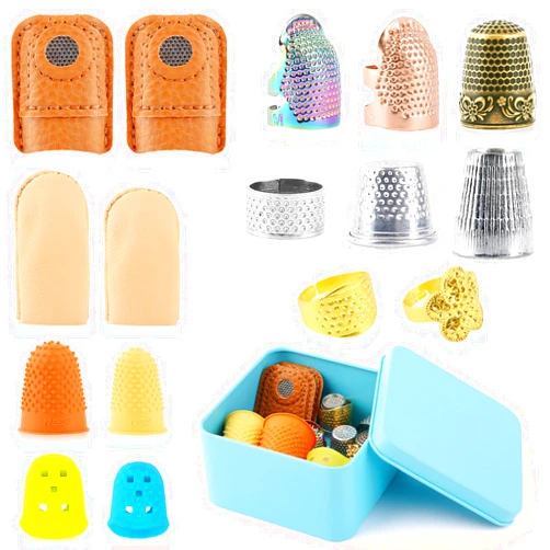 BXDOW 16 Pcs Sewing Thimble with Storage Box, Finger Protector, Finger Tips, Leather Thimble, Adjustable Metal Sewing, Thimble Rings, Rubber Thimble, Finger Protector Coin Thimble