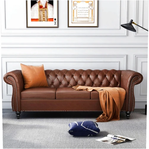 AVZEAR Leather Sofa 3 Seater Couch, Large Sofa Furniture Roll Arm Classic Tufted Chesterfield Settee Leather Sofa with Channel Tufted Seat Back for Living Room, Brown PU