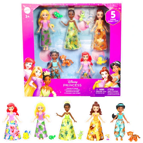 Mattel Disney Princess & Friends Set with 5 Posable Small Dolls in Removable Skirts or Pants & 5 Friend Figures, Inspired by The Disney Movies