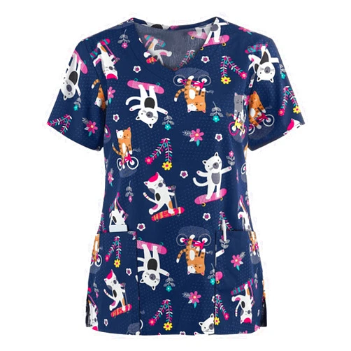 LPIGOH Scrubs for Women V-Neck Short Sleeve Printed Scrub Tops Plus Size Durable Soft Stretch Nursing Scrubs with Pockets