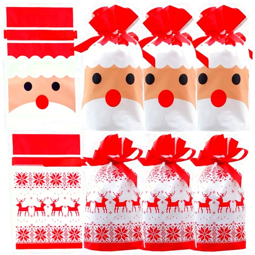 VIFOME Christmas Treat Bags,24pcs Christmas Party Favor Bags Santa Gift Bags Plastic Drawstring Bags Candy Goodies Bags Gift Wrapping Bags Holiday Party Decoration