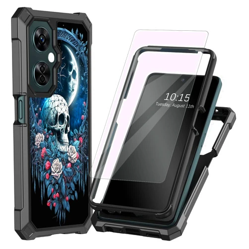 Decahouy for Oneplus Nord N30 5G Case with Screen Protector Heavy Dual Layer Slim Shockproof Impact Resist Durable Black Phone Case for OnePlus Nord N30 5G 2023, Skull Roses Floral