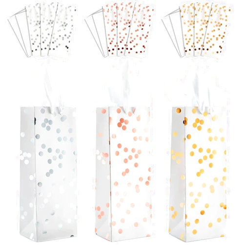 Sparkle and Bash 12 Pack Elegant Polka Dot Foil Wine Gift Bags with Ribbon Handles and Tissue Paper for Wine Bottles, Liquor, Champagne, Sparkling Cider (3 Designs, 13.8x5x4 in) - Champagne Gift Bag