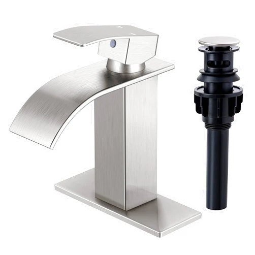 Qomolangma Waterfall Bathroom Faucet, Brushed Nickel Modern Single Handle Bathroom Faucets for 1 or 3 Hole Bathroom Sink Faucet Mixer Tap Washbasin Faucet with Deck, Pop-up Drain and Supply Hoses
