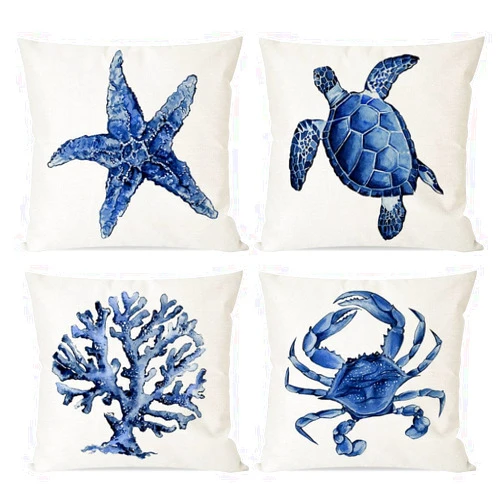PANDICORN Sea Life Coastal Throw Pillow Covers 18x18 Inch Starfish Turtle Crab Coral Indigo Blue Summer Beach Ocean Nautical Outdoor Decorations Decorative Throw Pillows Cases Set of 4 for Couch Decor