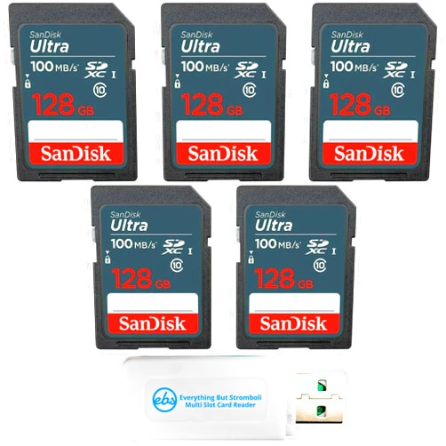 Everything But Stromboli SanDisk 100MB/s SD Ultra 5-Pack Class 10 SDXC 128GB Memory Card SDSDUNR-128G-GN3IN - Bundle with 1 Everything But Stromboli Multi-Slot Memory Card Reader