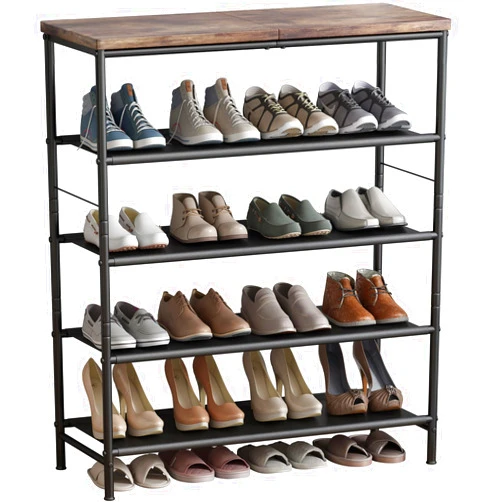 INGIORDAR Shoe Rack Organizer 5 Tier Metal Organizer Shelf with Industrial MDF Board and Layer Fabric for Entryway Closet Bedroom Living Room Garage,Black & Rustic Brown