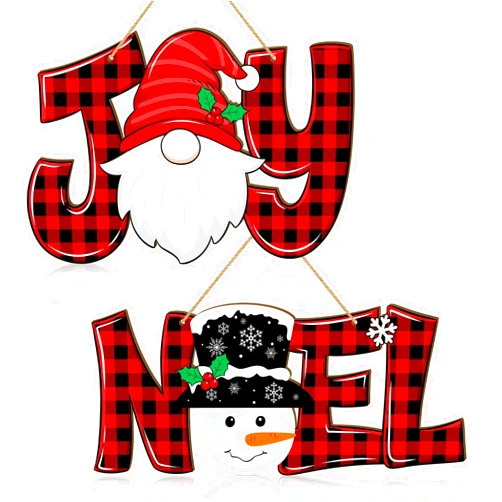 Sionoiur 2 Pieces Christmas Joy Noel Letter Door Sign Decorations, Christmas Wooden Wall Decor Gnome and Snowman Signs Red Buffalo Plaid Ornaments Hanging Plaque for Xmas Party Winter Home Holiday
