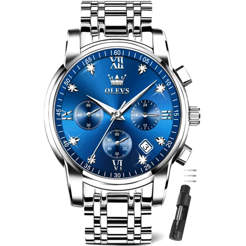 OLEVS Watches for Men with Date Luxury Big Face Waterproof Mens Wristwatch Analog Dress Two Tone Stainless Steel Man Watch Luminous Relojes De Hombre Calendar(Green/Blue/Black Dial
