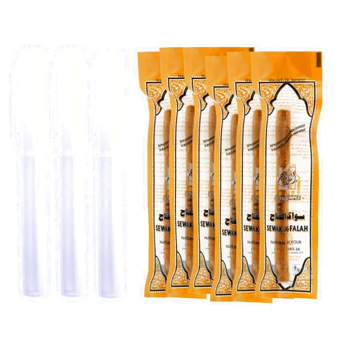 Sewak Al-Falah Natural Miswak Toothbrush - 6 Sticks and 6 Holders - Vacuum Sealed Natural Flavor Traditional Toothbrush Stick - for Healthy Gums & Teeth