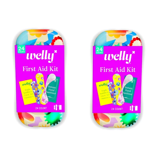 Welly Quick Fix, On The Go First Aid Kit, Assorted Bandages, Ointments, and Hand Sanitizer, Three Color Bandages - 2 Pack