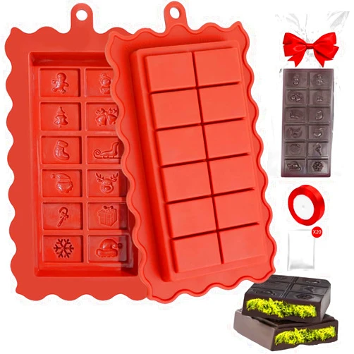 UWILLION Chocolate Bar Molds Silicone 1 Inch 2 Pcs Christmas Deep Dubai Chocolate Bar Molds with 20 Pcs Bags, Thick Bar Mold for Filling Knafeh Pistachio Chocolate Bar for Christmas Dinner