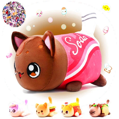 KOWSI 61PCS 11inches Soda Cat Plush + 60Sticker Meemeows Cute Food Cat Plush Collection 100% Polyester Plushie Pillow Embroidered Soft Stuffed Animal Collectible (Soda Cat)