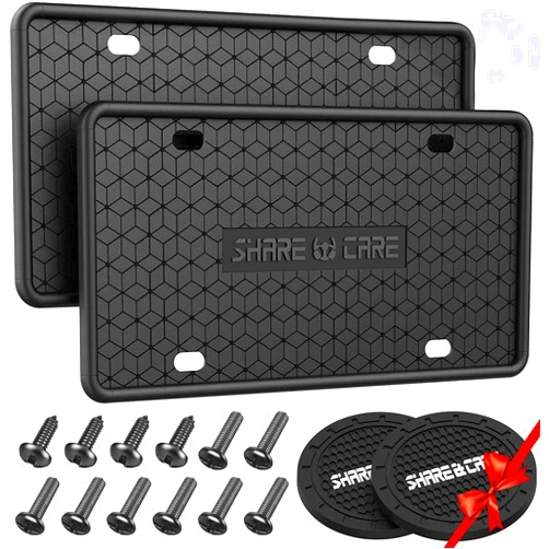 QiqaMole 2 Pack Silicone License Plate Frame, Front Back License Plate Cover, License Plate Bracket Holder Rust-Proof Rattle-Proof Weather-Proof for US CA Standard Car & 2Pcs Water Coaster (Black)