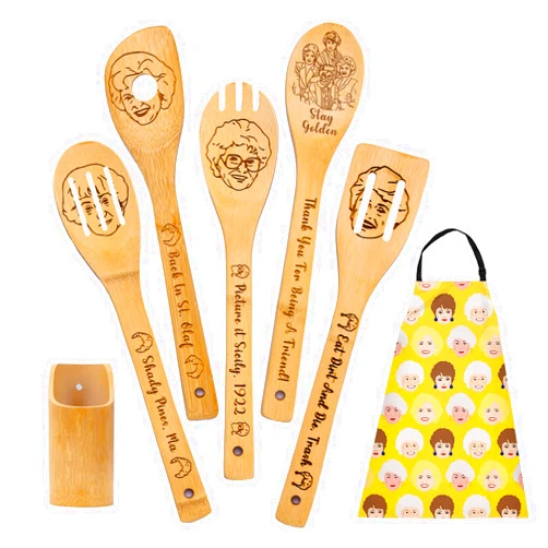 DDDDXO Golden Girls Wooden Spoon Sets for Cooking, Golden Girls Merchandise, Golden Girls Gifts, Golden Girls Kitchen Utensils Set - 5X Bamboo Spoons, 1X Spoons Holder, 1X Kitchen Apron (G02)