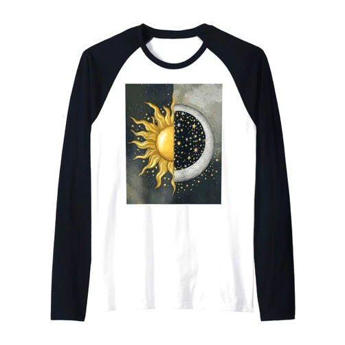 Artistic Space Design Cosmic Sun Moon Stars Celestial Art Raglan Baseball Tee