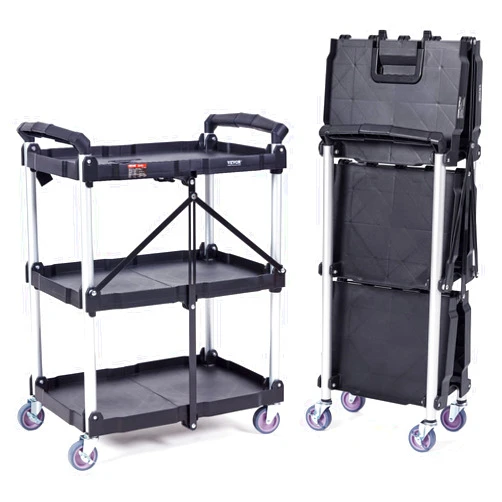 VEVOR Foldable Utility Service Cart, 165LBS 3 Shelf Heavy Duty Plastic Rolling Cart with 360° Swivel Wheels (2 with Brakes), Ergonomic Handle, Portable Garage Tool Cart for Warehouse Office Home